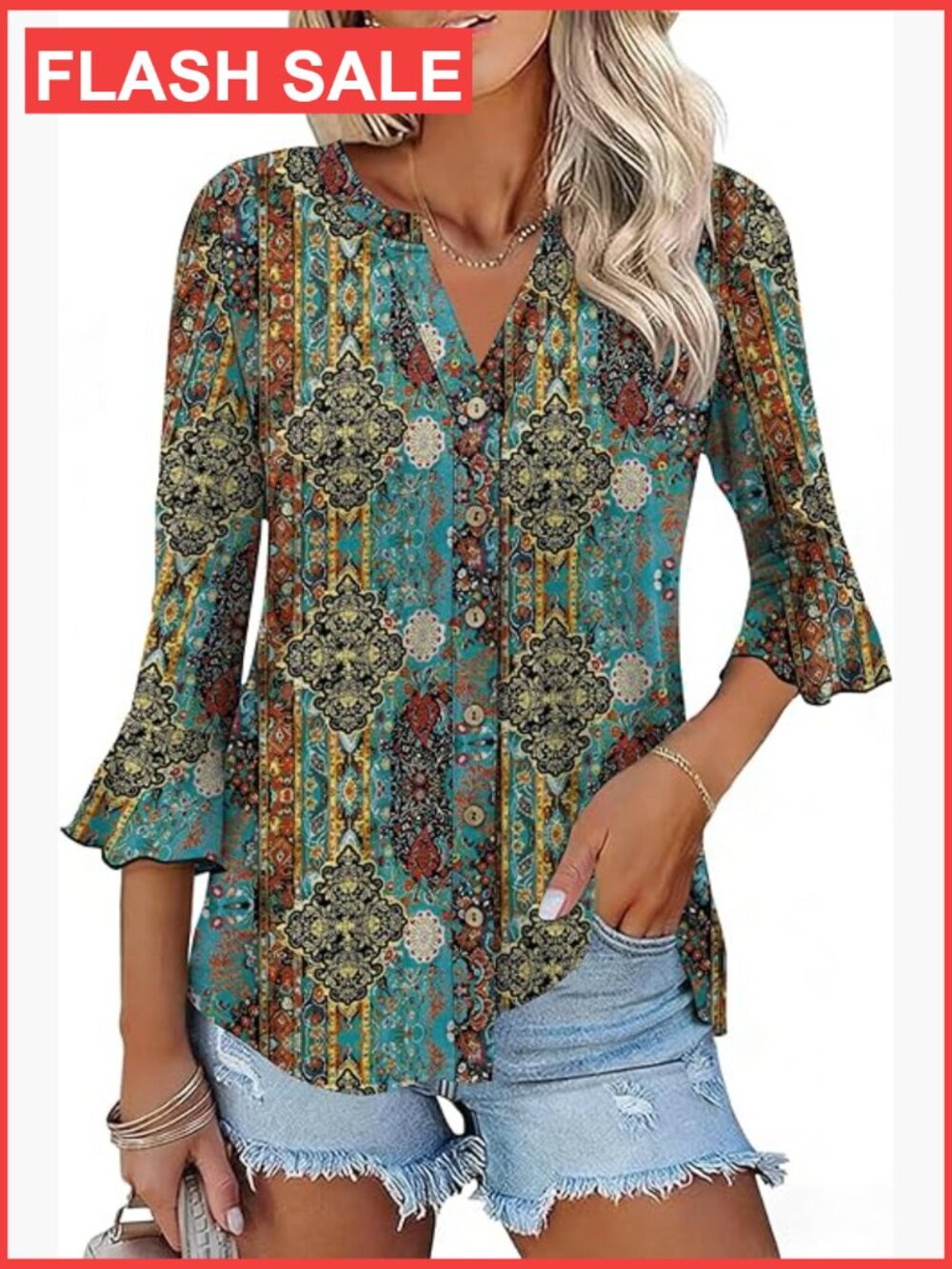 3/4 Bell Sleeve Button Down V-Neck Tunic Blouse